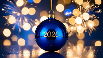 Obraz premium Esfera navideña azul con número 2026 y fuegos artificiales celebrando año nuevo 
