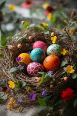 Colorful Eggs in a Basket With Flowers and Greenery, Perfect for Spring Celebrations and Gatherings