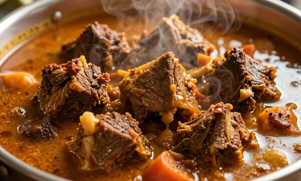 warm golden light falls upon shot steaming richly flavored mutton curry surrounded tender chunks meat