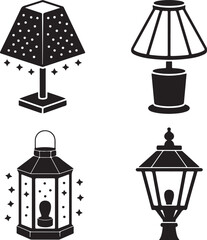Four black silhouettes representing various types of lamps including table lanterns and street lighting fixtures
