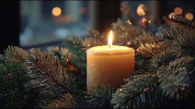 A lit candle surrounded by festive evergreen branches in a cozy holiday setting