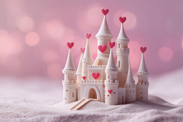 Sandcastle decorated with red hearts against pastel pink blurred background. Castle on the sand Valentine's day design.  
