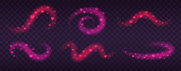Love magic trails with floating hearts set. Valentines card decoration, romantic pink wind waves with soft blur overlay effects vector illustration on transparent background