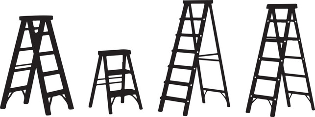 Industrial step ladder icons set with different sizes and folding aluminum tool silhouettes isolated on gray checkered background © Kamrun82
