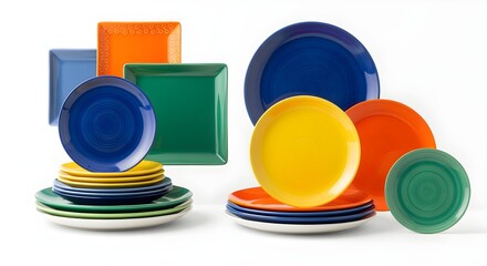 A clearer, modern reinterpretation of set of colorful ceramic plates isolated on white background, realistic photo style, minimum shadows, styled for visual appeal.