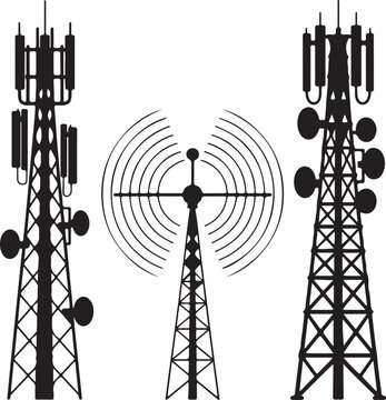 Three silhouette icons of telecommunication transmission towers showing various antenna arrays broadcasting signals across wide area