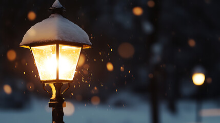 A serene winter scene featuring a glowing lamppost, its top dusted with fresh snow, radiating warmth amid falling snowflakes and blurred lights in the tranquil twilight ambiance.