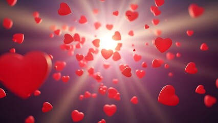 A radiant burst of red hearts floating in mid air with a bright light source