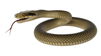 Snake coiled with tongue out on black background