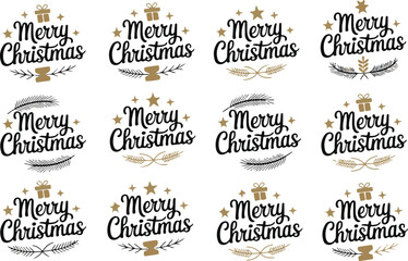 Fototapeta premium Merry christmas lettering set with star gift and rustic wreath elements winter holiday greeting typography bundle on transparent backdrop
