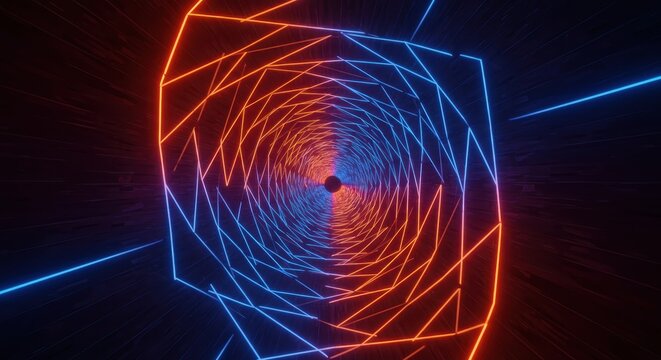 Glowing geometric structure extends into a dark, infinite digital tunnel - Powered by Adobe