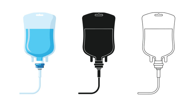Three depictions of an iv drip bag in different styles and colors