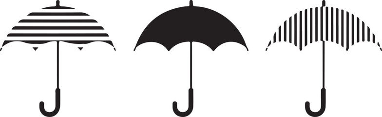 Striped umbrella silhouettes set with horizontal and vertical pattern designs on black parasol icons for sun and rain protection © Kamrun82