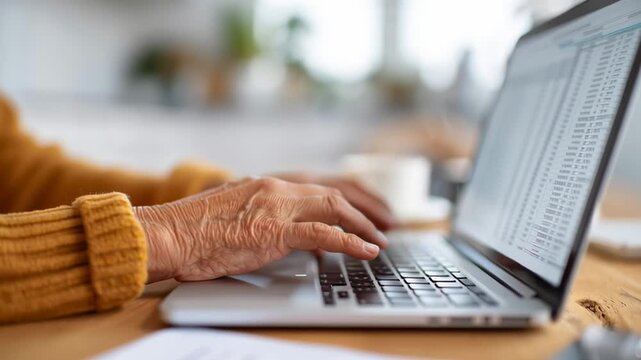 A woman is typing on a laptop computer. She is wearing a yellow sweater and she is focused on her work. The laptop is open and the screen is displaying a spreadsheet