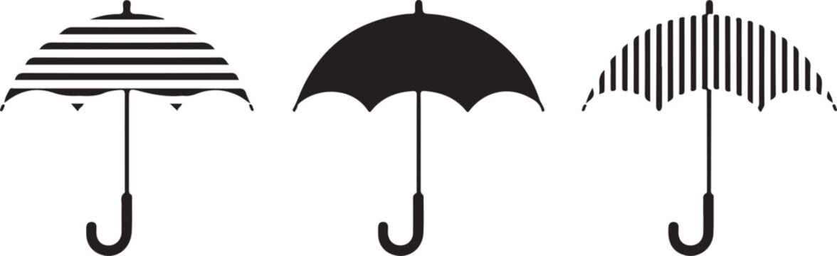 Striped umbrella silhouettes set with horizontal and vertical pattern designs on black parasol icons for sun and rain protection
