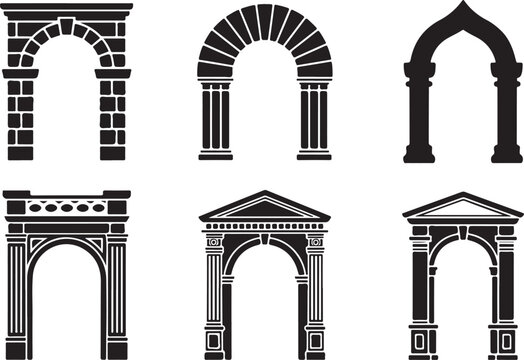 Set of six architectural arches columns and gate styles in black on transparent background