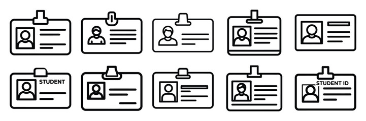 Collection of student id card Editable stroke icon set.