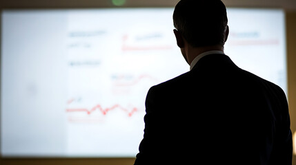 A presenter in a dark suit faces a bright screen, a stark contrast highlighting the focus of the meeting. The chart's red lines hint at a dynamic market or financial figures.