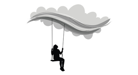Silhouette of a person swinging on a rope swing from a cloud © Proma