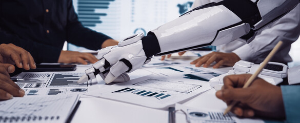 A dynamic office scene showcasing a robotic arm collaborating with humans on data analysis, surrounded by charts and graphs, emphasizing teamwork and innovation.Noogenesis