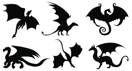 Naklejka premium Collection of Mythical Dragon Silhouettes in Various Poses.