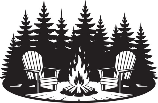 Outdoor campfire scene silhouette featuring adirondack chairs by a fire pit in front of pine forest pine trees backdrop vector