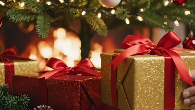 Stack of Shiny Christmas Presents Under Decorated Christmas Tree With Fireplace