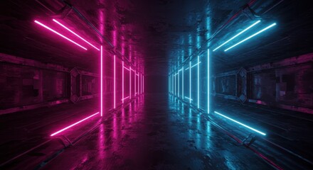 Dark industrial corridor illuminated by contrasting neon light strips receding into the distance