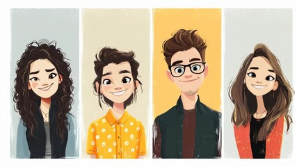 Stylized illustrated portraits of four young friends stand side by side against soft backgrounds capturing trendy artistic look for social media profile pictures storytelling or youth branding