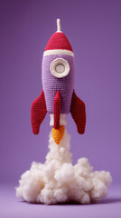 Crocheted rocket launching into space on purple background. Concept of successful business startup, start of new business in new year. 	