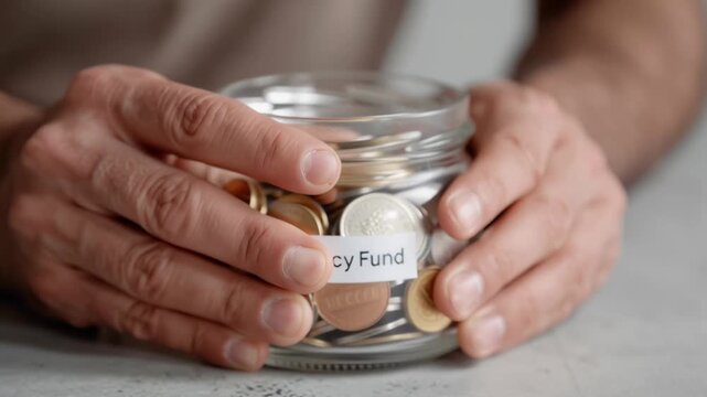 A person is putting coins into a jar labeled "Emergency Fund". The jar is filled with a variety of coins, including pennies, nickels, dimes, and quarters