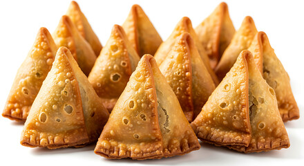 Golden brown triangular samosas on white background fried