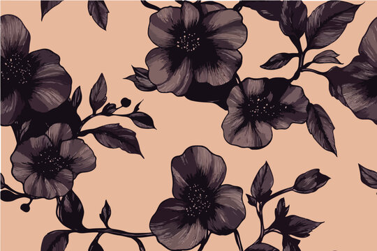 A seamless pattern of dark burgundy ink, hand-drawn flowers and vines on a light pink background. Simple line art, elegant, vector illustration. Hand drawn seamless pattern.