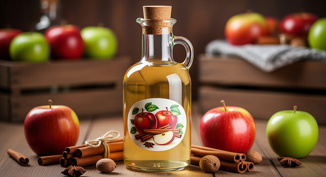 Glass bottle of apple cider vinegar with apples and spices on wooden table