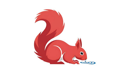 A cute red squirrel vector illustration, crouching down to drink water from a small blue puddle