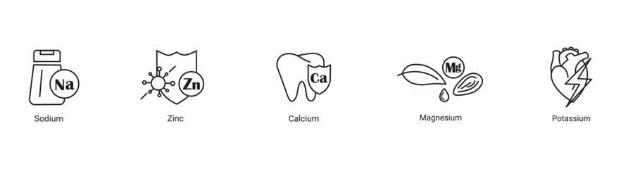 Essential Minerals Icon Set - Sodium, Zinc, Calcium, Magnesium, and Potassium for Health and Wellness.