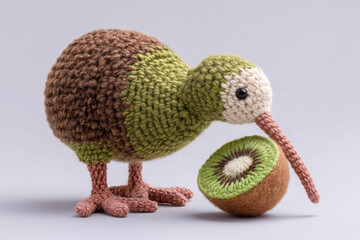 Crocheted symbols of New Zealand kiwi bird and kiwifruit. 	