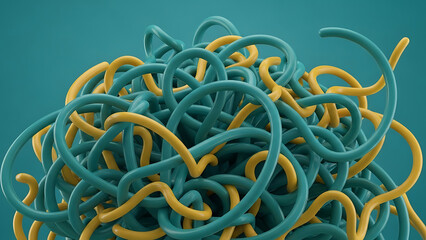 Tangled green and yellow rubber bands on teal background