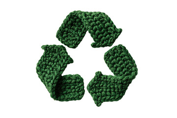 Crocheted green recycle symbol icon sign isolated on transparent background, png cutout. Concept of recycling or sorting of waste.