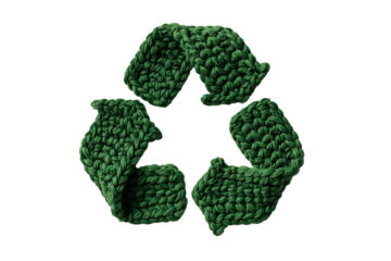 Crocheted green recycle symbol icon sign isolated on transparent background, png cutout. Concept of recycling or sorting of waste.