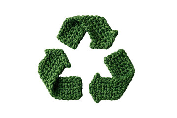 Crocheted green recycle symbol icon sign isolated on transparent background, png cutout. Concept of recycling or sorting of waste.