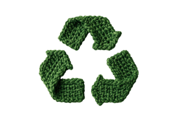 Crocheted green recycle symbol icon sign isolated on transparent background, png cutout. Concept of recycling or sorting of waste.