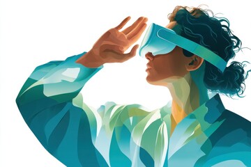 Woman wearing a futuristic virtual reality headset explores immersive digital world