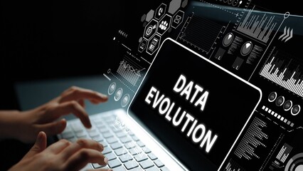 Hands Typing on Laptop with Innovative Data Evolution Graphics and Infographics in Dark Background. Asymptotic smart data analytic.