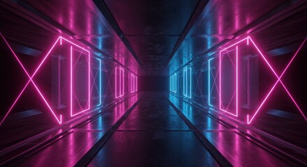 Symmetrical futuristic corridor illuminated by vibrant magenta and cyan neon light frames receding into darkness