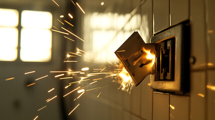 Arcing electricity in old outlet, sparks flying near window. Power overload, dangerous situation. Electrical malfunction, high voltage, hazard. Danger, risk, energy.