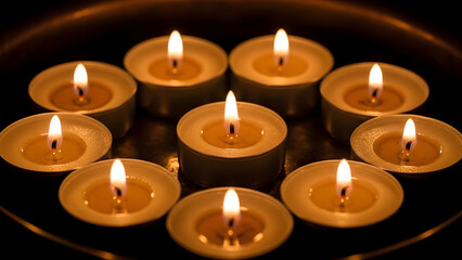 Lit candles in a circle on a dark background