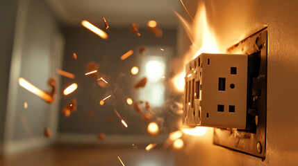 Electricity failure: electrical outlet on fire. Sparks and flames shooting out from the wall. Electrical safety is important to prevent fires in the home.