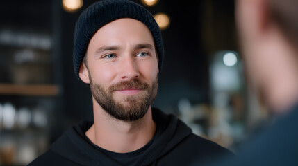 Casual Coffee Chat: A handsome man with a warm smile is engaged in a casual conversation at a coffee shop, exuding approachability and contentment.