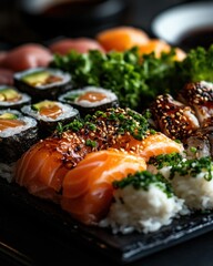 Exquisite assortment of sushi rolls and sashimi.